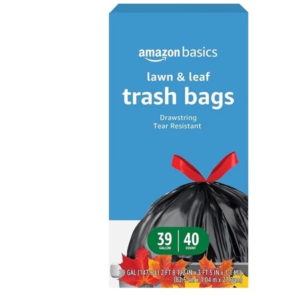 Amazon Basics Lawn & Leaf Drawstring Trash bags 39 Gallons, 40 Ct Black Unscente
